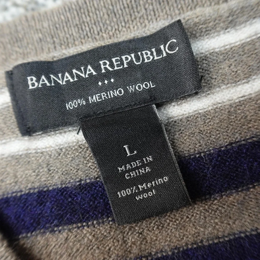 Banana Republic‎ Sweater Mens L Gray Stripe Merino Wool V Neck Knit Pullover Top